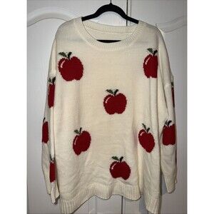 Bloomchic Womens Sweater Plus Sz 22-24 Creme Cherry Motif Cozy Knit Casual Y2k